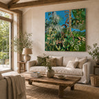 Rain Forest with Tropical Birds, large original tropical rainforest painting by Rachel Jeffery hanging above a sofa in a living room