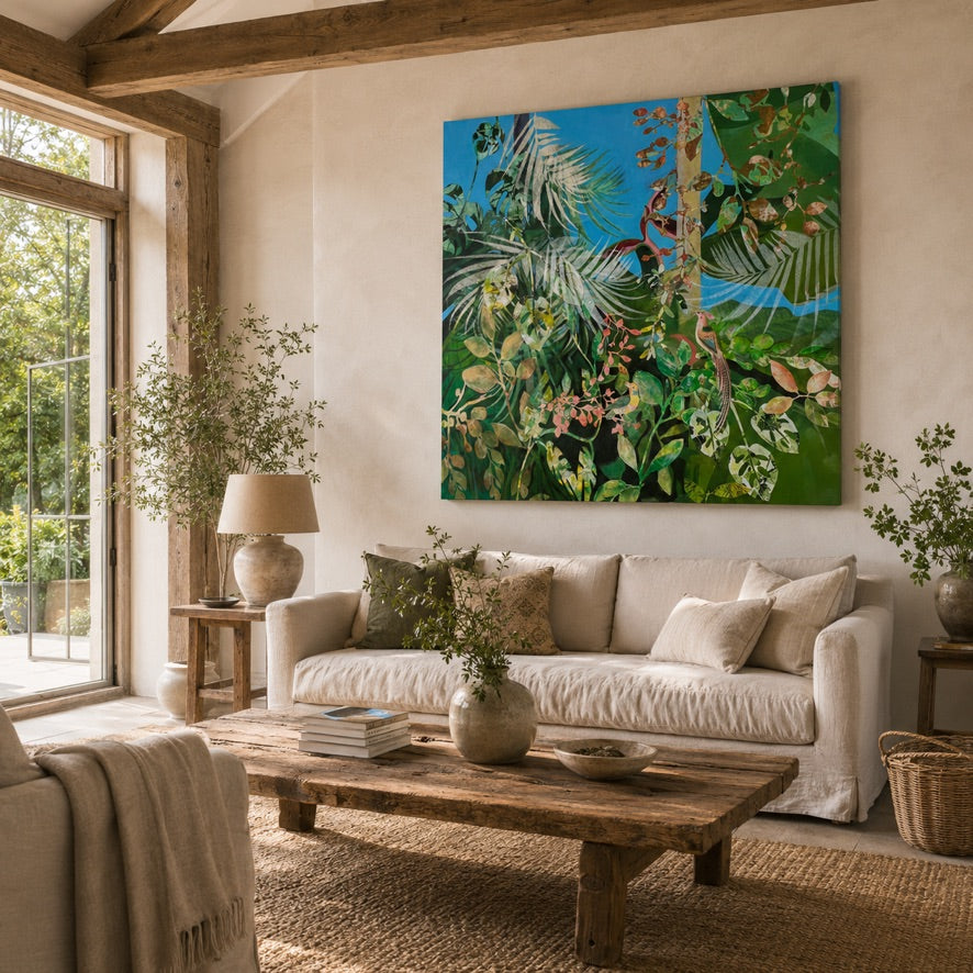 Rain Forest with Tropical Birds, large original tropical rainforest painting by Rachel Jeffery hanging above a sofa in a living room