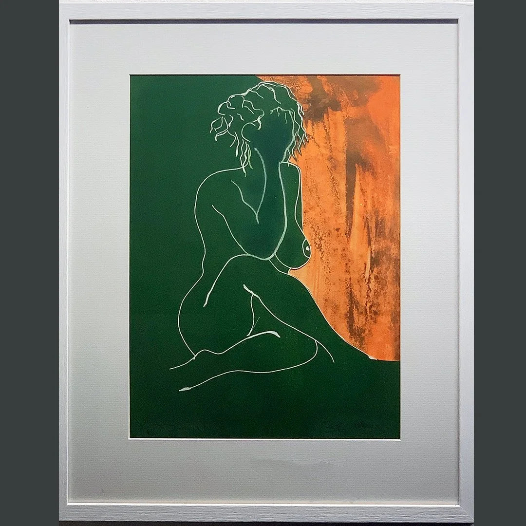 Seated Nude Green With Orange Textures by Rachel Jeffery