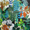 Leaf Montage with Elephant Ear Plant, botanical collage painting of tropical leaves by Rachel Jeffery