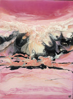 LOVE, abstract resin painting in raspberry pink, cream and black by Rachel Jeffery