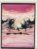 LOVE, abstract resin painting in raspberry pink, cream and black by Rachel Jeffery, detail