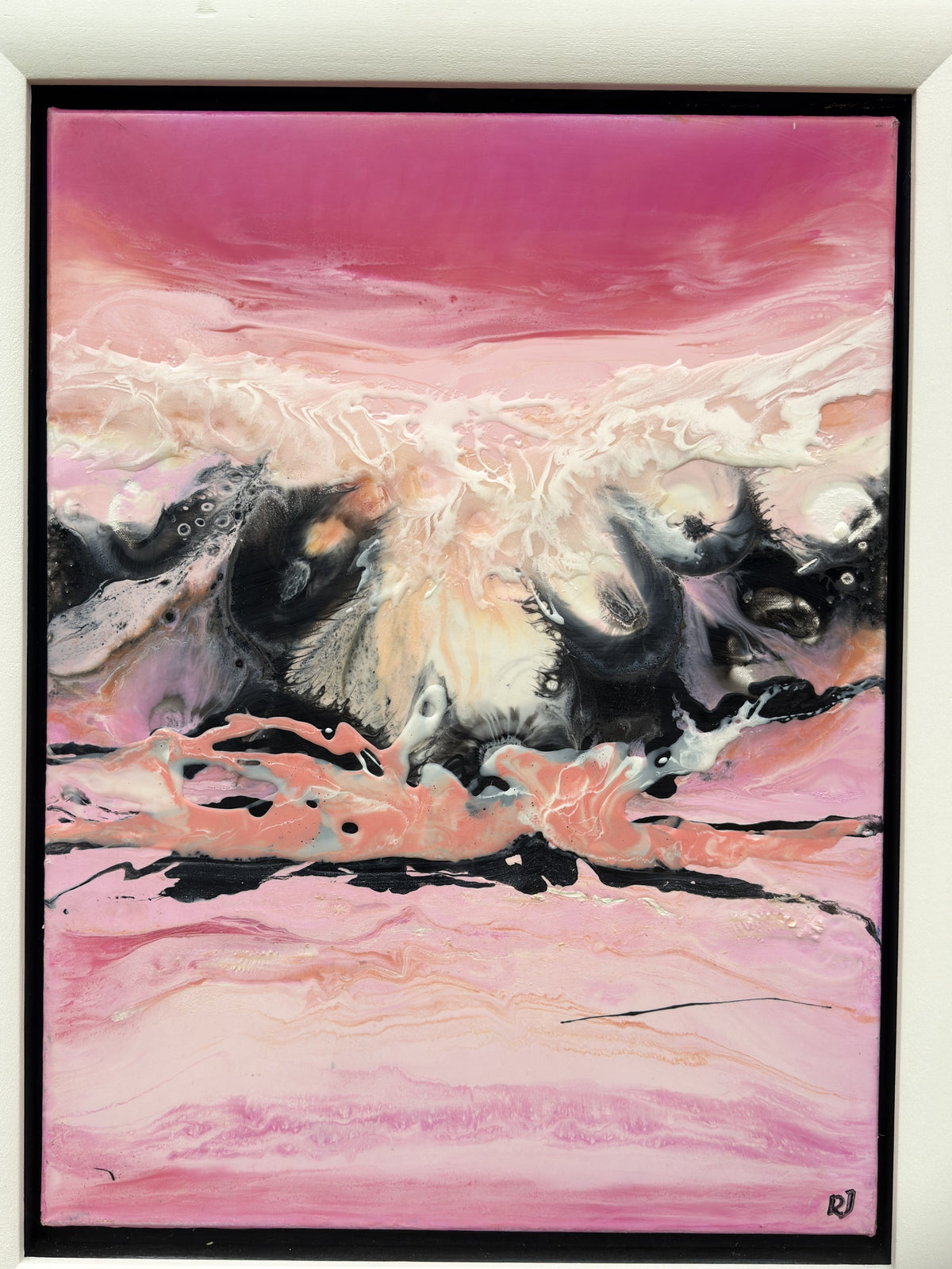 LOVE, abstract resin painting in raspberry pink, cream and black by Rachel Jeffery, detail