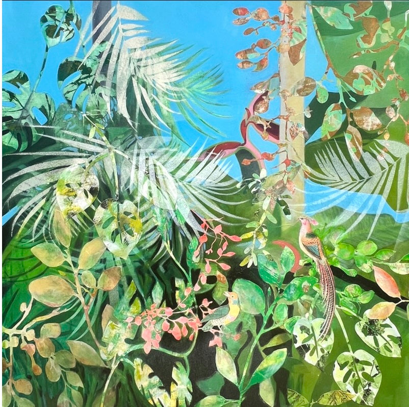 Rain Forest with Tropical Birds, original acrylic and collage painting of rainforest leaves and hidden tropical birds by Cornwall artist Rachel Jeffery