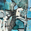 Cliff Wall Contours, textured mixed media painting of Cornish cliff layers in blues, greys and white by Rachel Jeffery