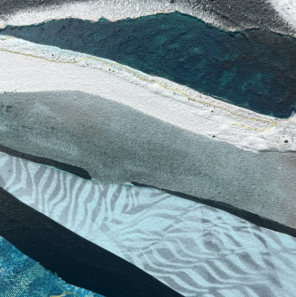 Cliff Wall Contours, textured mixed media painting of Cornish cliff layers in blues, greys and white by Rachel Jeffery, detail