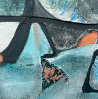 Cliff Wall Contours, textured mixed media painting of Cornish cliff layers in blues, greys and white by Rachel Jeffery, detail