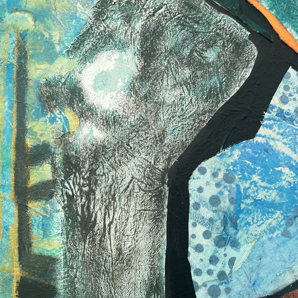 Cliff Wall Contours, textured mixed media painting of Cornish cliff layers in blues, greys and white by Rachel Jeffery, detail