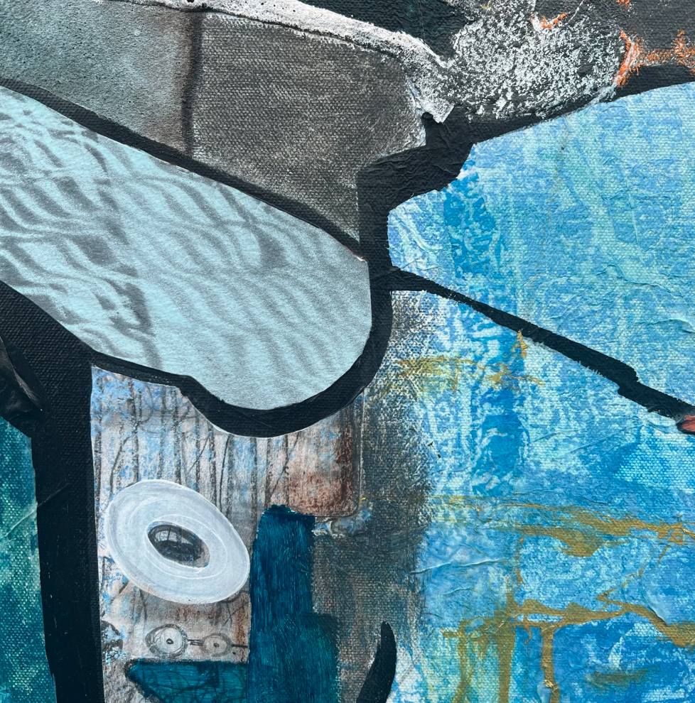 Cliff Wall Contours, textured mixed media painting of Cornish cliff layers in blues, greys and white by Rachel Jeffery, detail