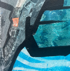 Cliff Wall Contours, textured mixed media painting of Cornish cliff layers in blues, greys and white by Rachel Jeffery, detail