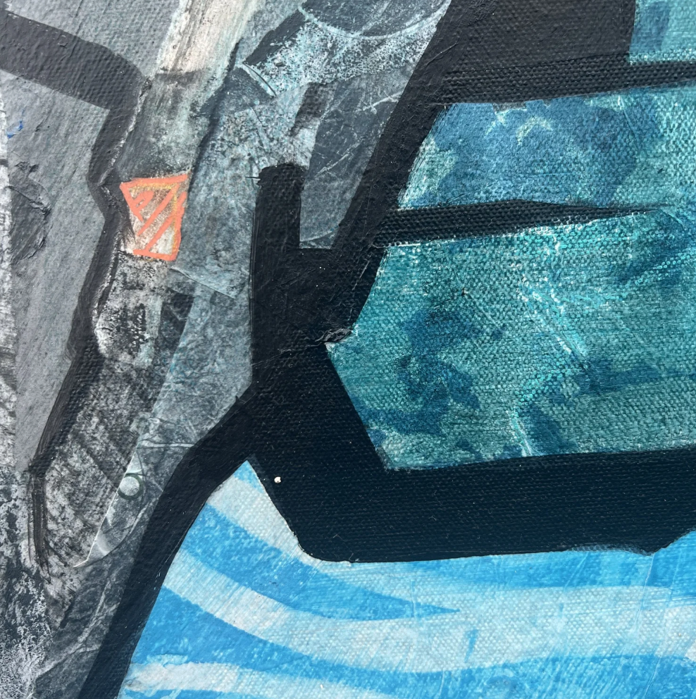 Cliff Wall Contours, textured mixed media painting of Cornish cliff layers in blues, greys and white by Rachel Jeffery, detail