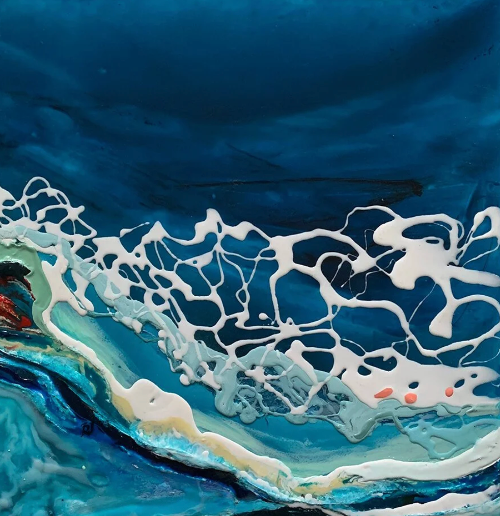 Reef, abstract resin painting of a breaking wave in deep blue and white by Rachel Jeffery