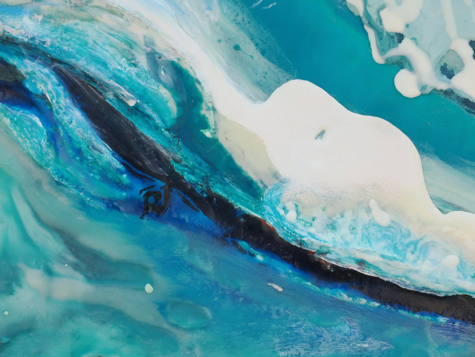 Reef, abstract resin painting of a breaking wave in deep blue and white by Rachel Jeffery, detail