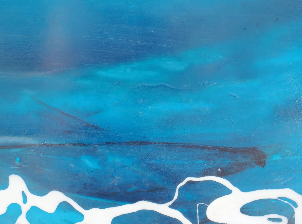 Reef, abstract resin painting of a breaking wave in deep blue and white by Rachel Jeffery, detail