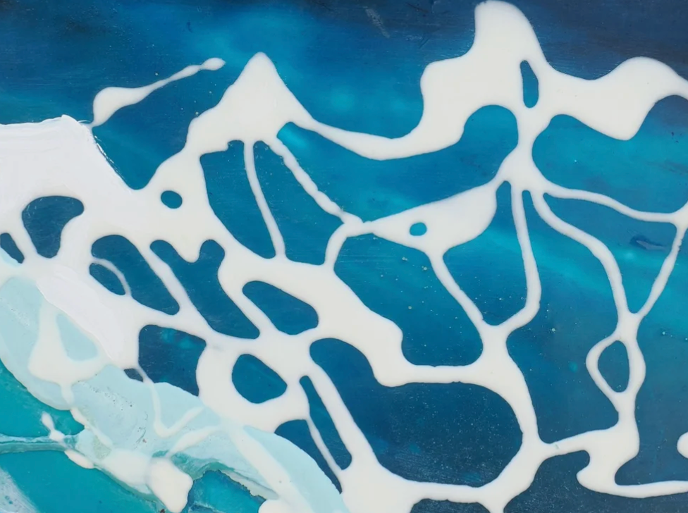Reef, abstract resin painting of a breaking wave in deep blue and white by Rachel Jeffery, detail