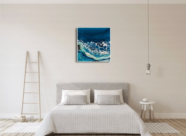 Reef, abstract resin painting of a breaking wave in deep blue and white by Rachel Jeffery, detail