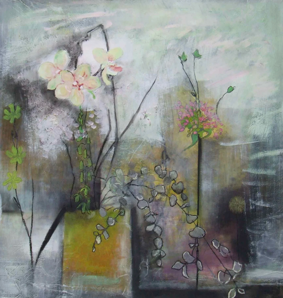 Flower Arrangement With Orchid, large flower painting with an orchid on paper by Rachel Jeffery