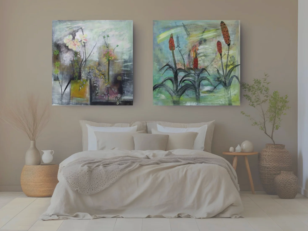 Flower Arrangement With Orchid, large flower painting with an orchid on paper by Rachel Jeffery, detail