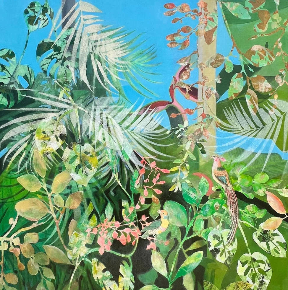 Rainforest With Tropical Birds, lush green botanical painting of rainforest foliage and birds by Rachel Jeffery