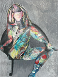 Seated Nude, bold mixed media figure painting on board in a black frame by Rachel Jeffery