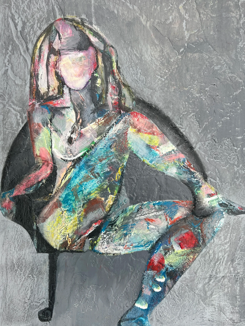 Seated Nude, bold mixed media figure painting on board in a black frame by Rachel Jeffery
